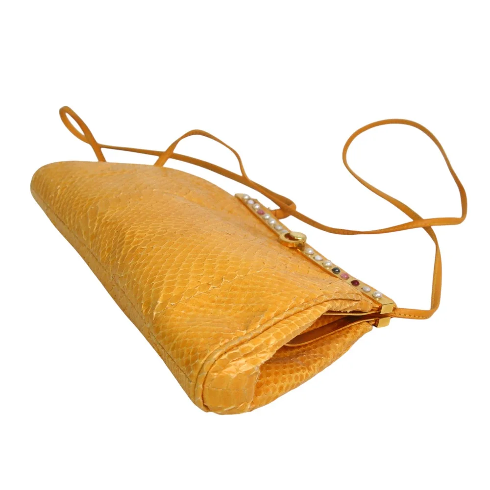 Neiman Marcus ITALY YELLOW SNAKE SKIN FRAME X-BODY SHOULDER BAG CLUTCH PURSE